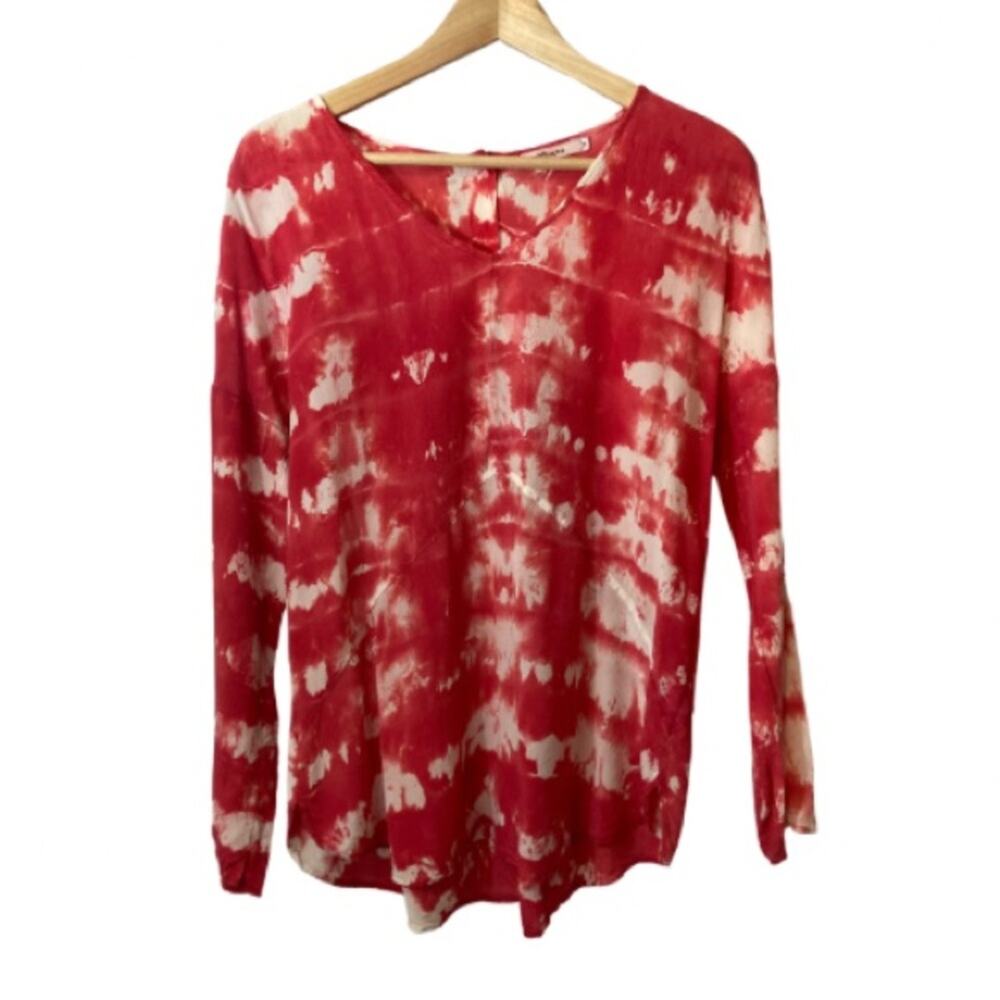 Red Haute 100% Silk Red White Tie Dye Long Sleeve Button Blouse Top Womens Small